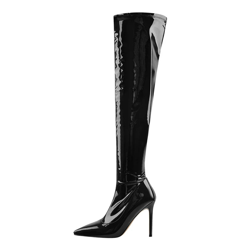 Onlymaker Frauen Spitz Seite Zipper Patent Leder Dünne High Heels Concise Sexy Partei Über Die Knie Frühling Herbst Stiefel