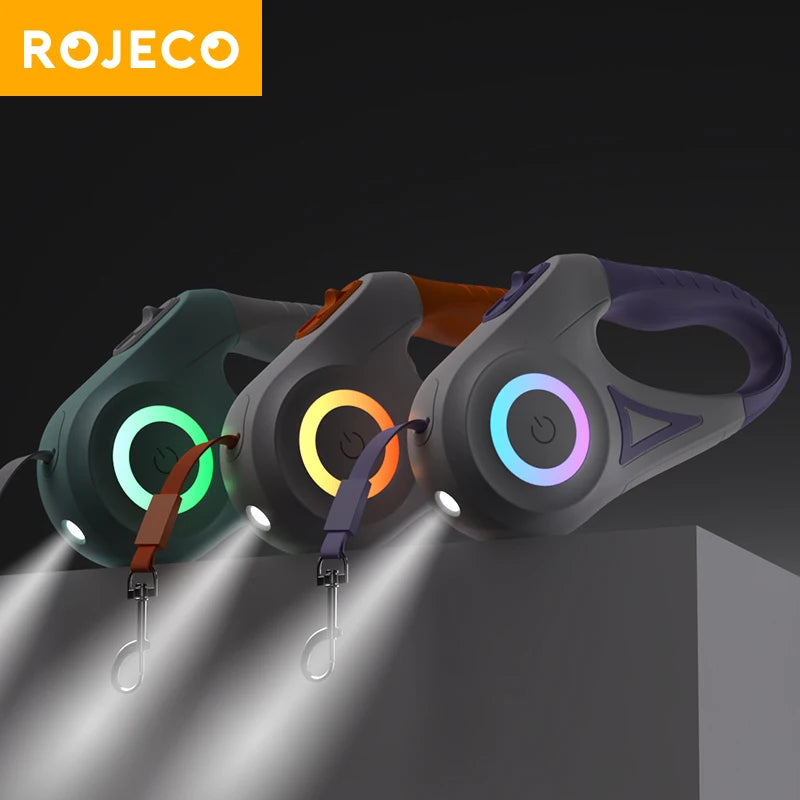 Rojeco 5m automatische einziehbare Hunde leine mit LED-Taschenlampe aus strap azier fähigem Nylon für Hunde verstellbares Laufs eil