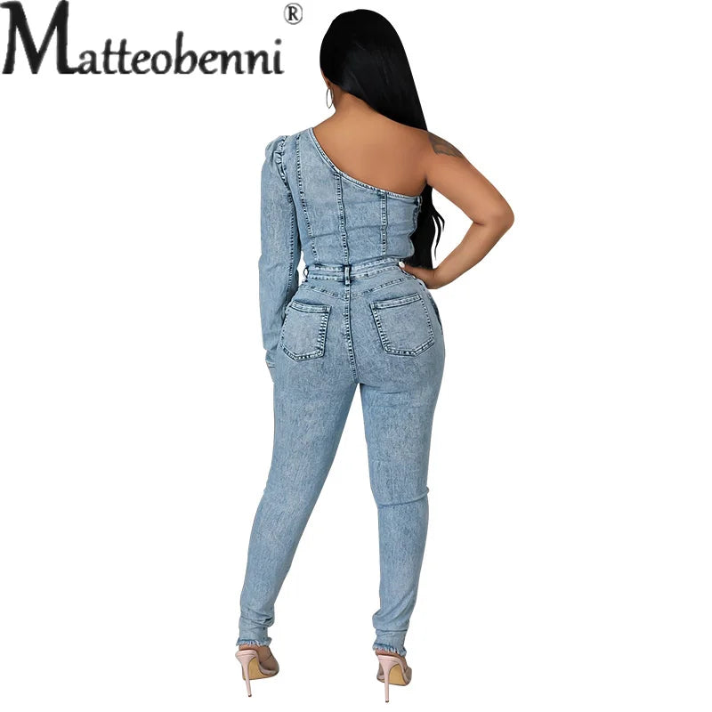 Frauen 2023 Herbst Einzigen Ärmeln Off Schulter Slim Fit Overall Licht Blau Jeans Spleißen Tasche Casual Denim Kleidung Weibliche