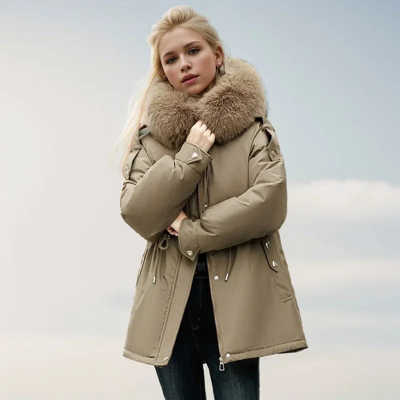 Frauen Parka Mode Lang mantel Wolle Liner Kapuze Parkas 2024 neue Winter jacke schlank mit Pelz kragen warmer Schnee tragen gepolsterte Kleidung