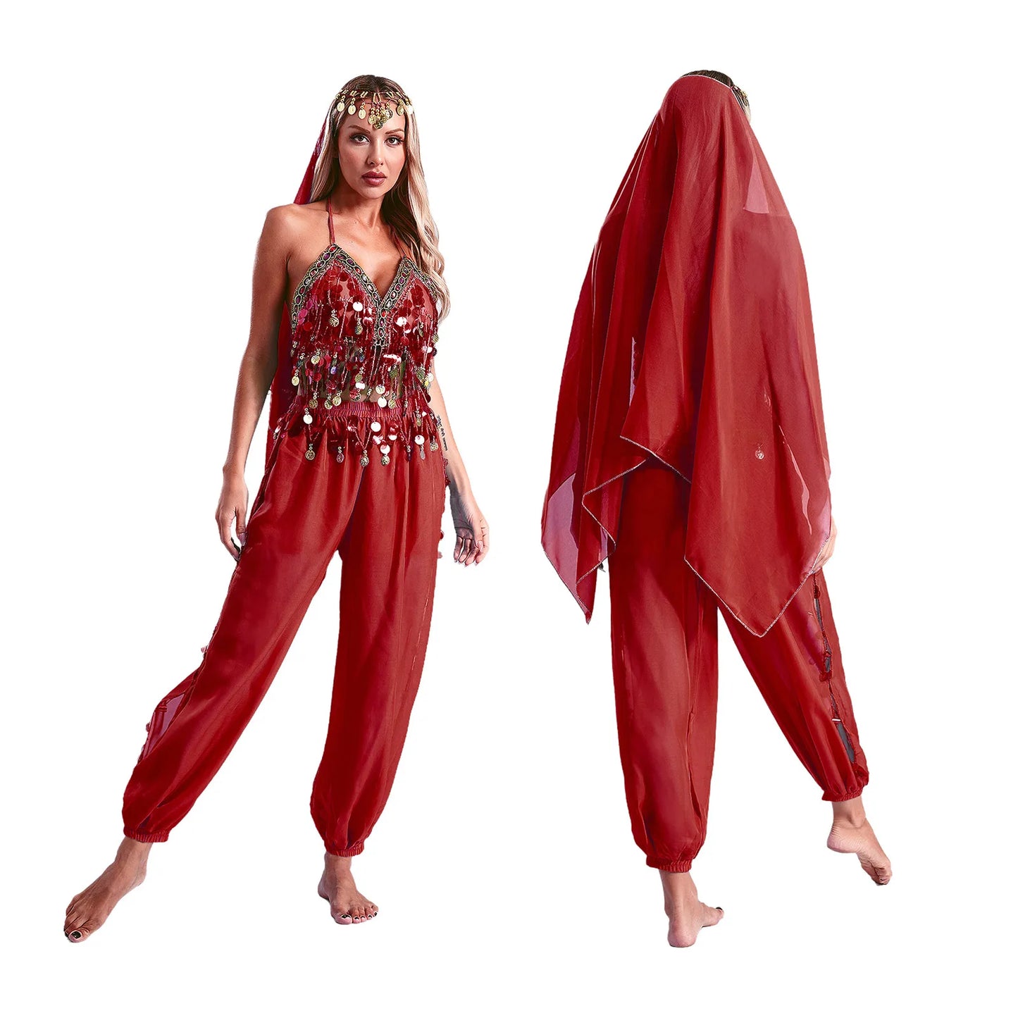 Damen Bauchtanz Prinzessin Kostüm Pailletten Top Harems hose mit Kopfs ch leier für indische Bollywood Halloween Party Bühnen performance