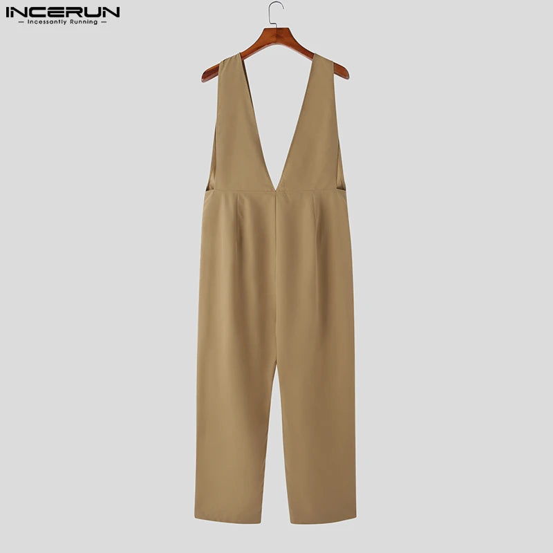 INCERUN Men Jumpsuits Solid Color Deep V Neck Sleeveless Pocekts Streetwear Fashion Rompers 2023 Loose Casual Men Overalls S-5XL