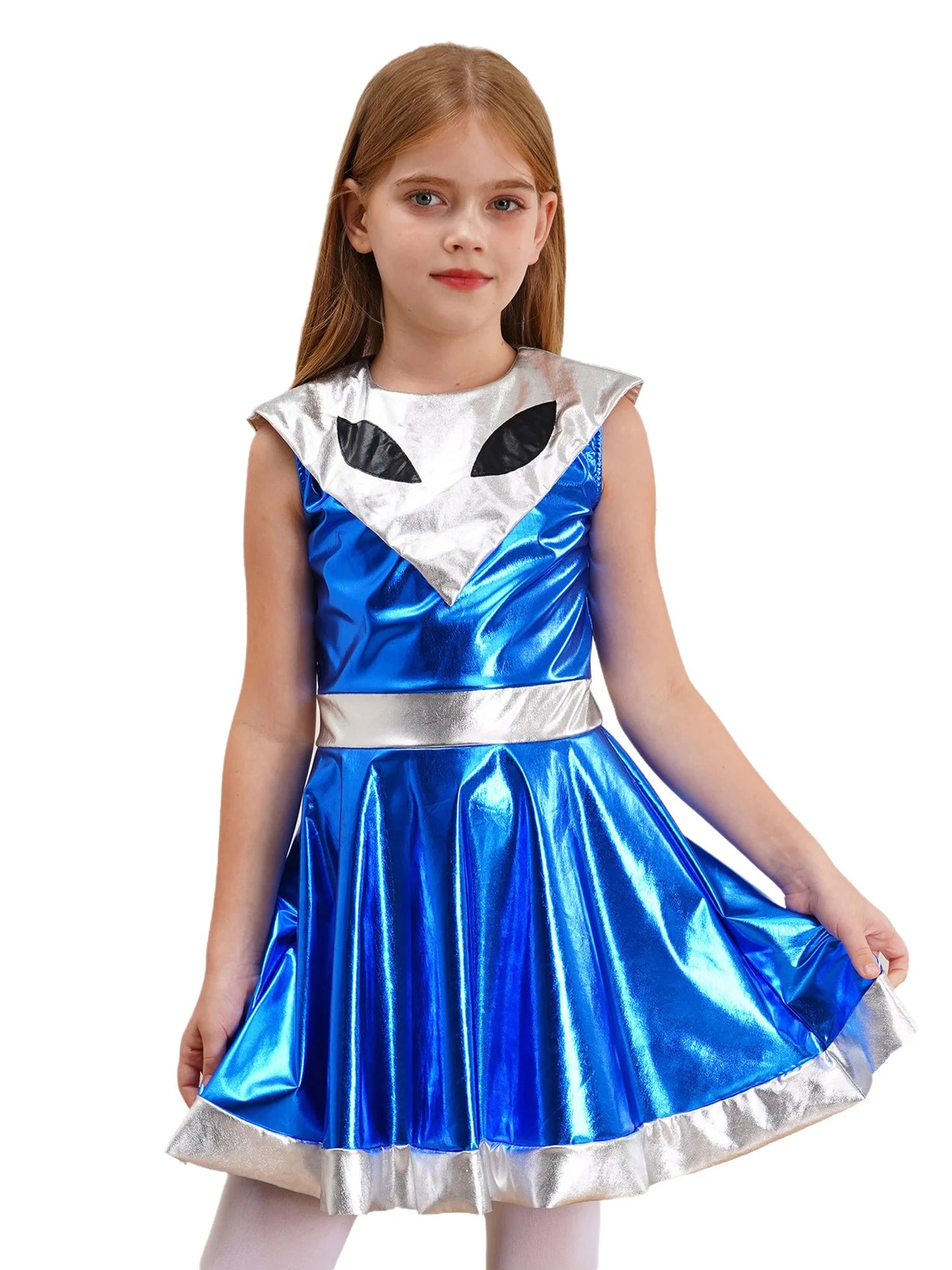 Kinder Mädchen Galaxy Outer Space Cutie Kostüm Halloween Alien Shiny Metallic A-Linie Kleider für Karneval Festivals Cosplay Party