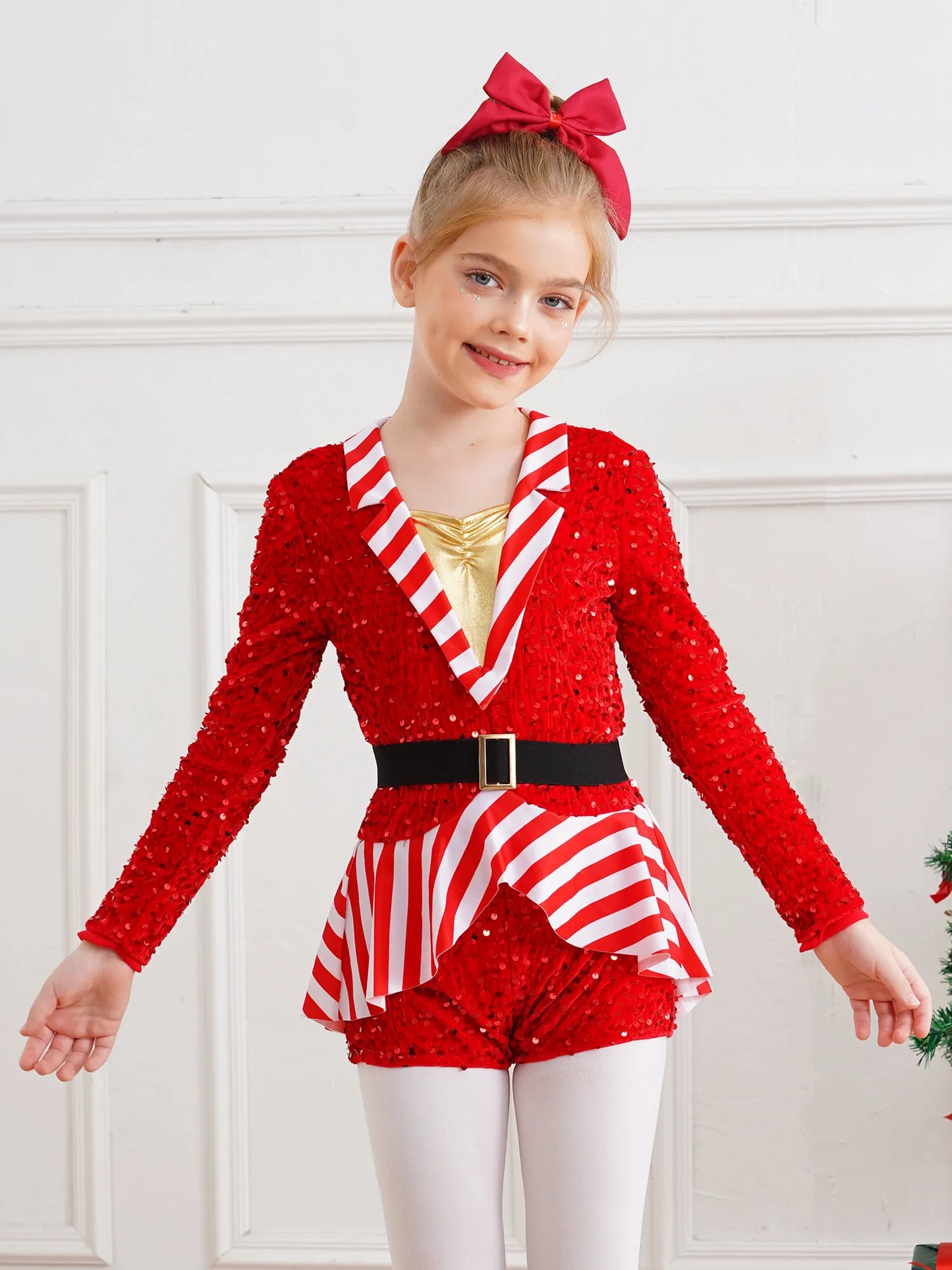 Mädchen Pailletten Samt gestreift Santa Claus Langarm Weihnachten Tanz Skating Bodysuit Overall Weihnachts ferien Zuckers tange Kostüm