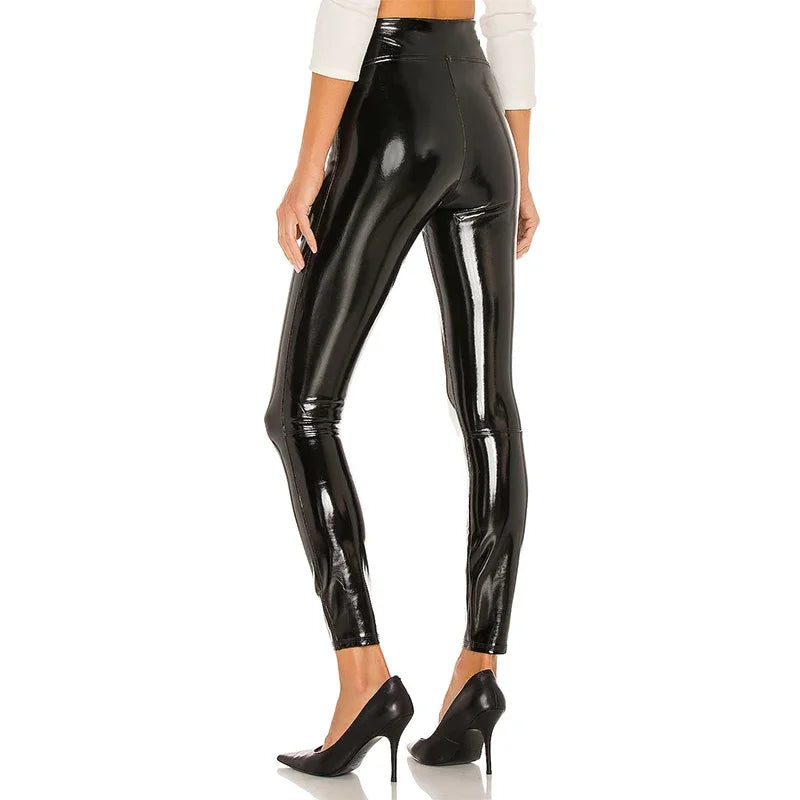 Glänzende Lack leder Leggings Frauen Kunst latex hohe Taille Bleistift hose schlanke Stretch Bodycon Spleiß hose Clubwear benutzer definierte