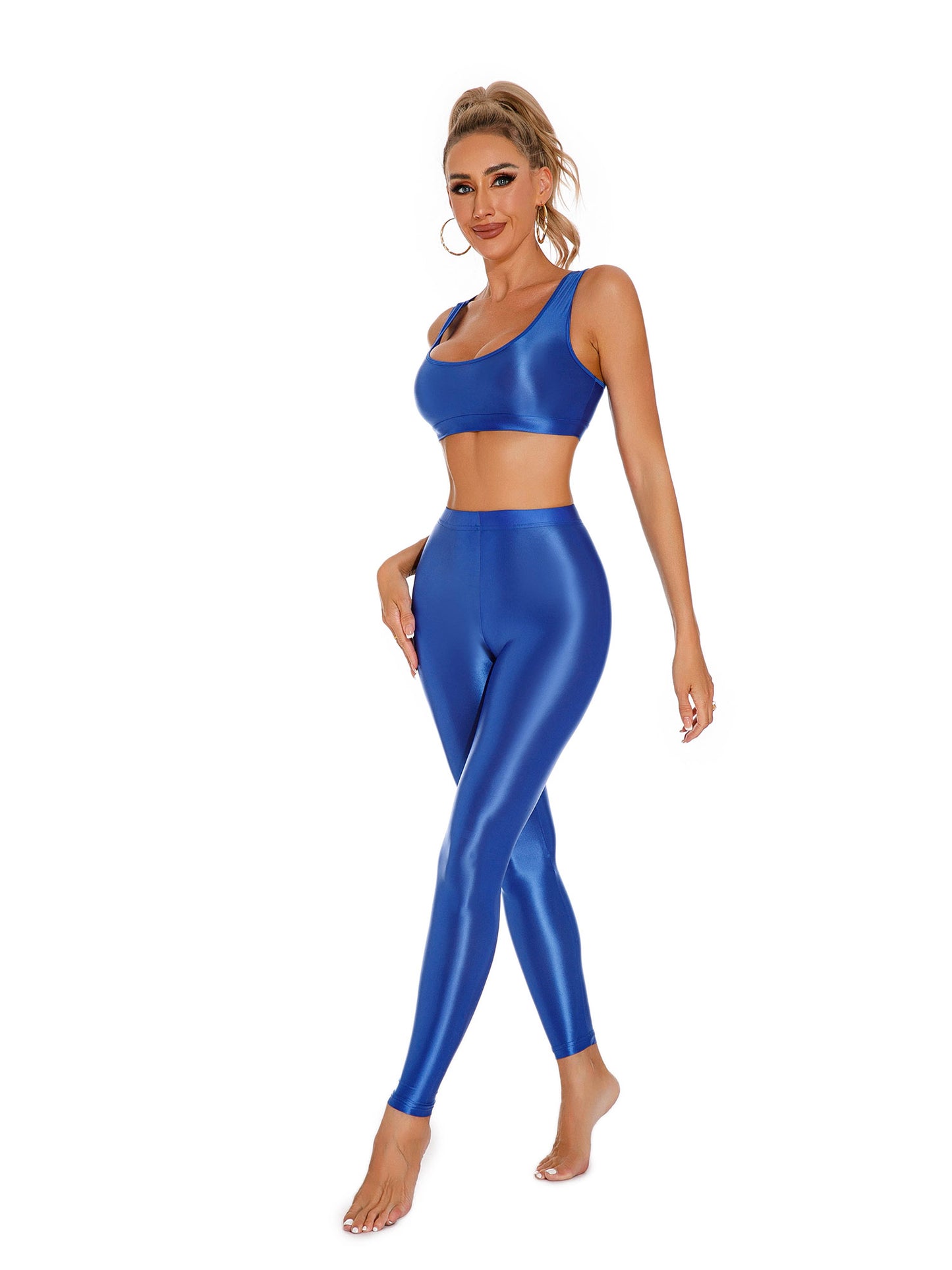 Damen glänzendes Öl ärmelloses U-Ausschnitt Racer back Crop Top mit Leggings für Tanz Yoga Sport Gym Fitness Übung Active wear