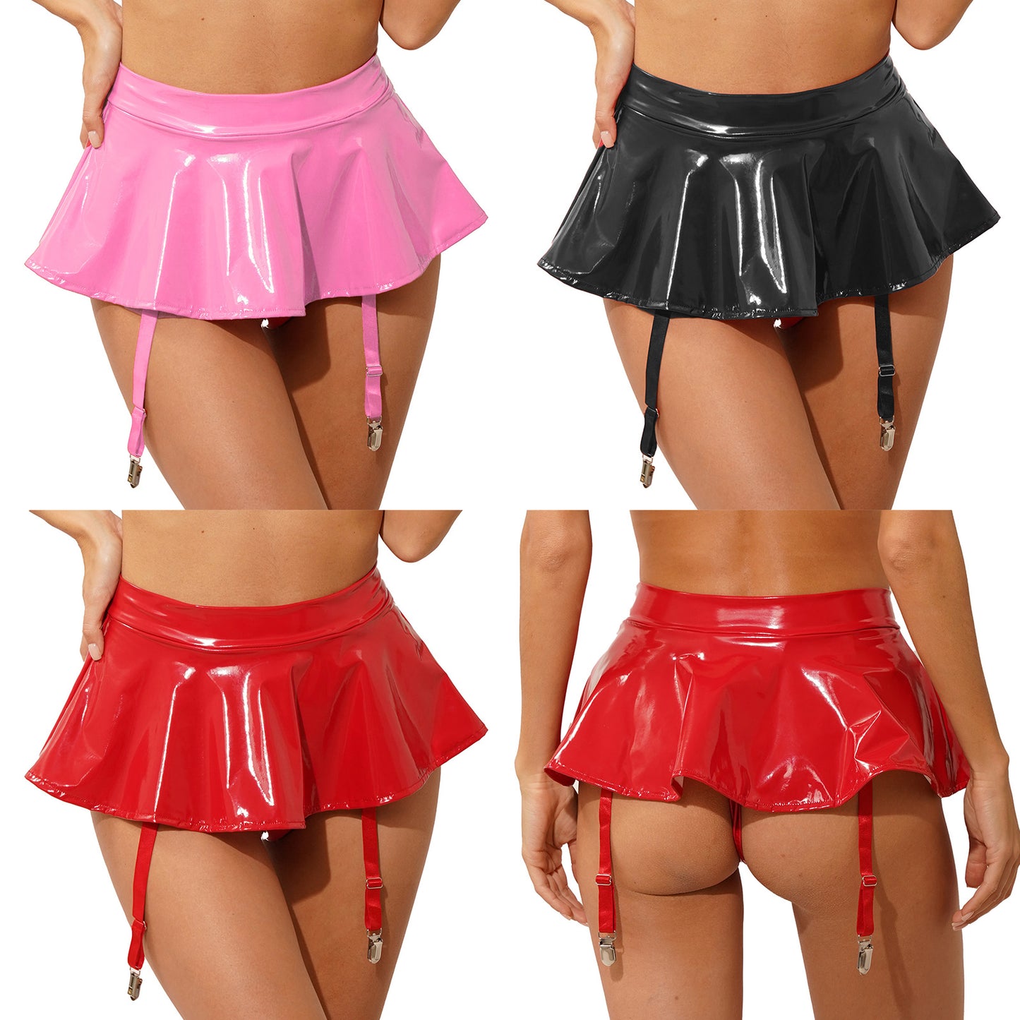 Frauen Sexy Nachtclub Wet Look Patent Leder Rüschen Minirock Einfarbig Gebaut-in Thongs Skort Metall Clips Strumpfband Gürtel röcke