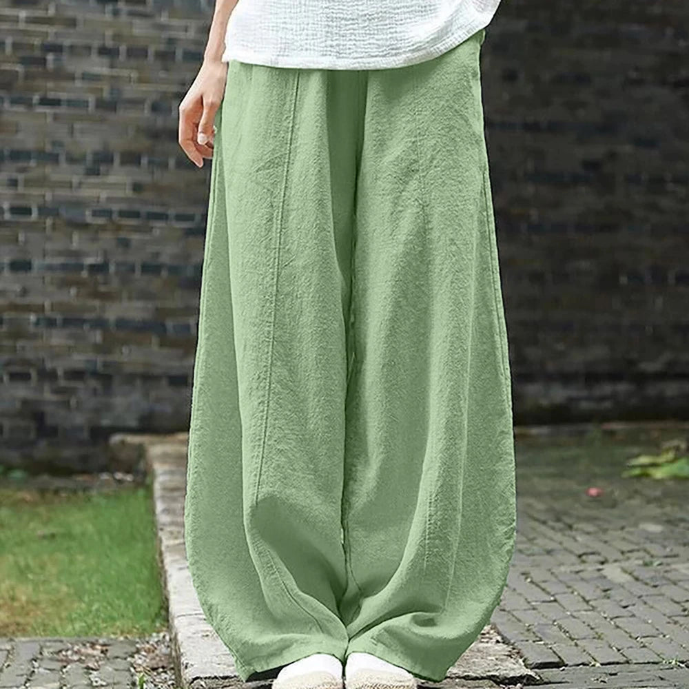 Frühling Sommer 2023 Baumwolle Leinen Stil Bloomers weites Bein Hosen Frauen Vintage in voller Länge elegante Hosen solide elastische Taille S-5XL