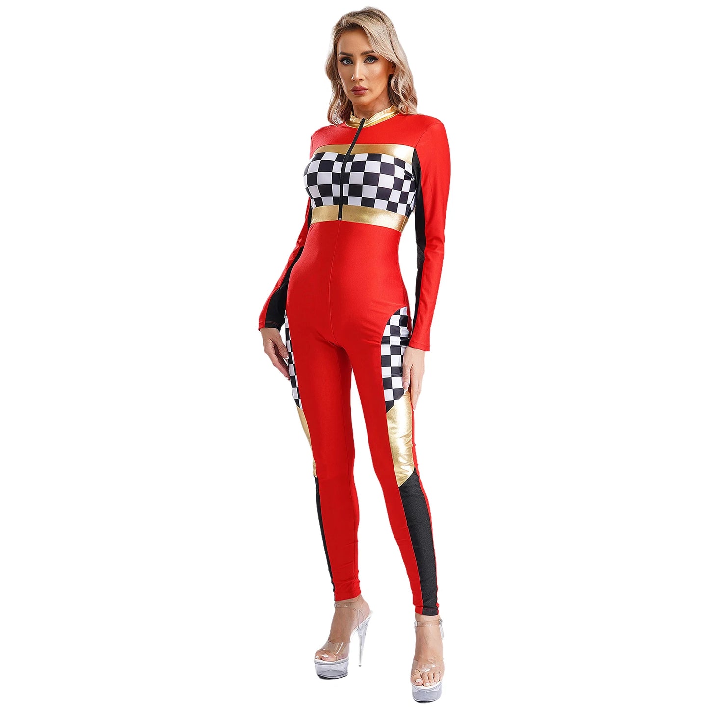 Damen Rennwagen Fahrer Overall Halloween Dragster Racer Pullover Kostüm für Themen Party Motorsport Cosplay Kostüm