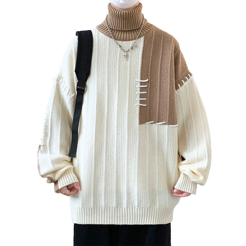 Herbst Winter Mode Rollkragenpullover Männer Patchwork Casual Stricken Pullover männer Jugendliche Vitalität Warme Lose Gestrickte Pullover