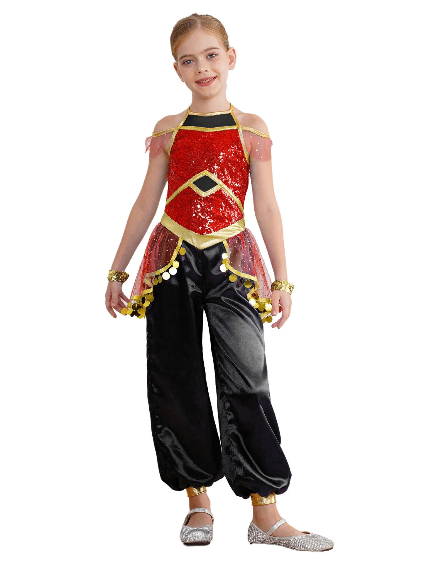 KIds Girls Arabian Princess Costume Indian Bollywood Belly Dance Jumpsuit Halloween Party Fairy Tale Pretend Play Fancy Dress