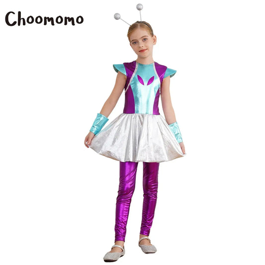 Kids Girls Alien Costume Outer Space Cutie Metallic Jumpsuit Outfit Extraterrestrials Halloween Themed Party Cosplay Dress Up