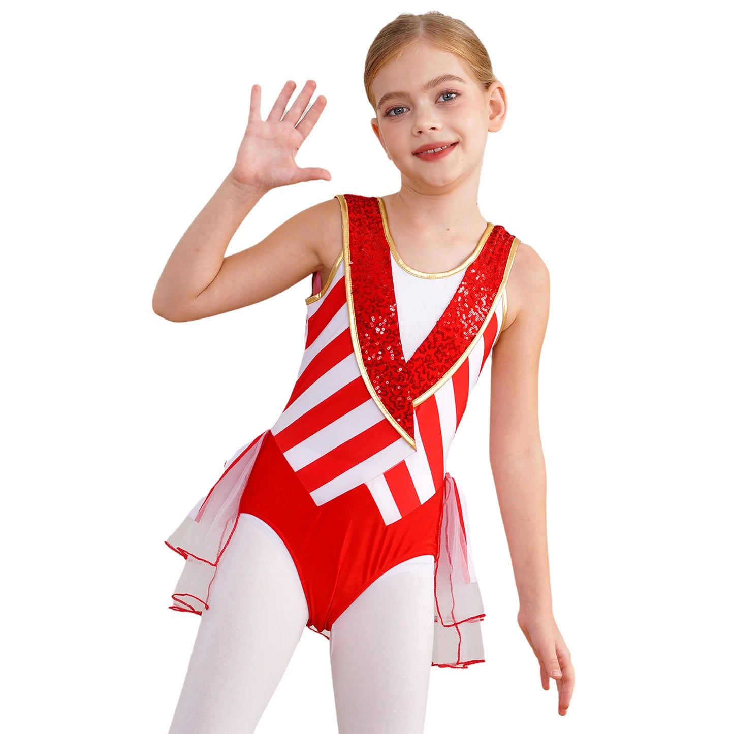 Kids Girls Sequins Candy Cane Christmas Costume Sleeveless Santa Sweetie Xmas Dance Gymnastics Leotards Dress for Holiday Party