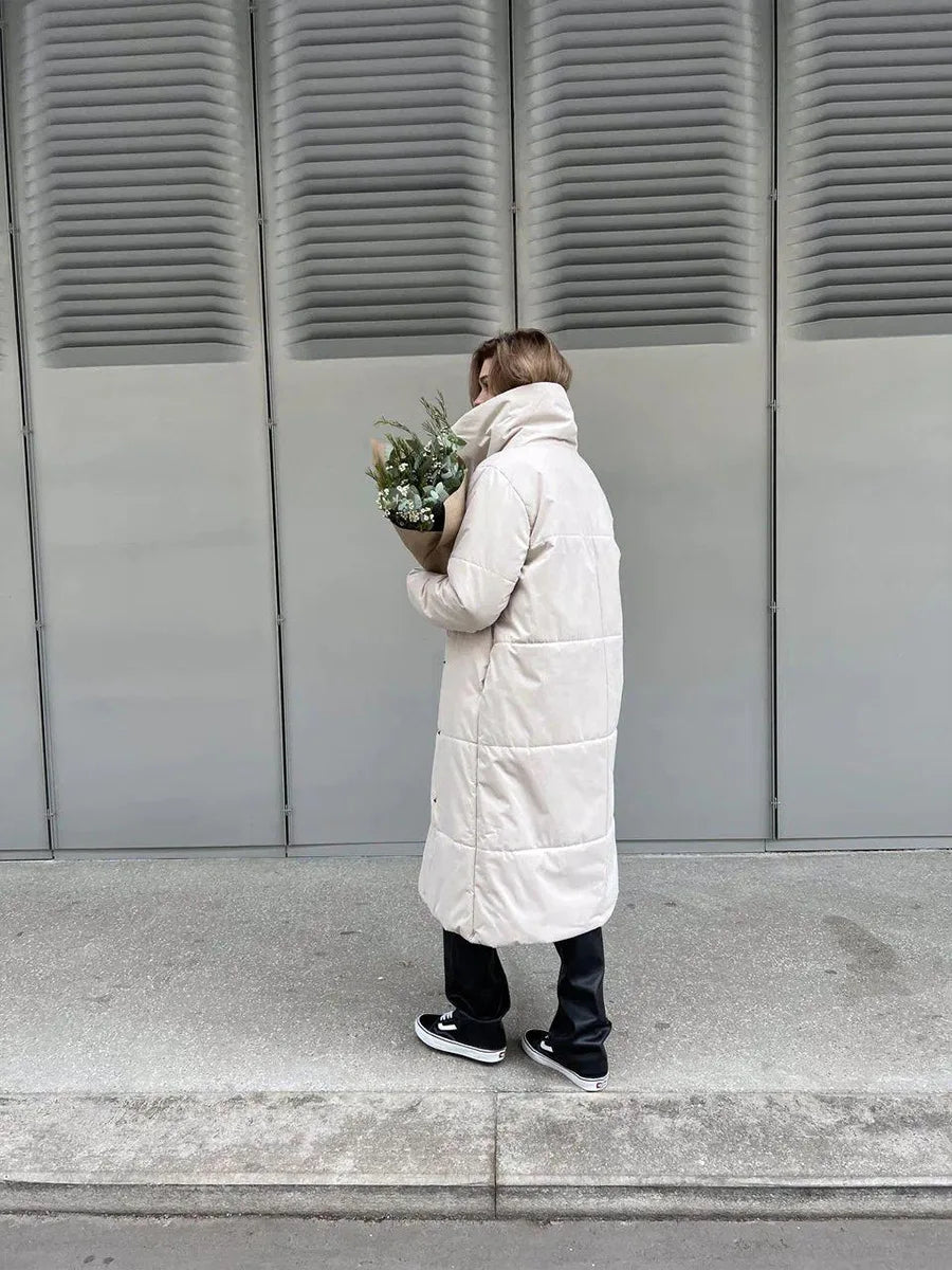 Bornladies Frauen Lose Steppjacken Parkas Wintermäntel Übergroße Warme Lange Gürtel Pufferjacken Damen Baumwolle Gefütterte Jacke