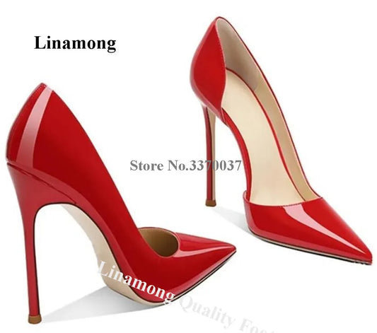 Linunter sexy spitze Zehen aus geschnitten Lack leder dünne Fersen Pumps rot beige weiß Lack leder 12cm Stiletto Ferse Slip-On Schuhe