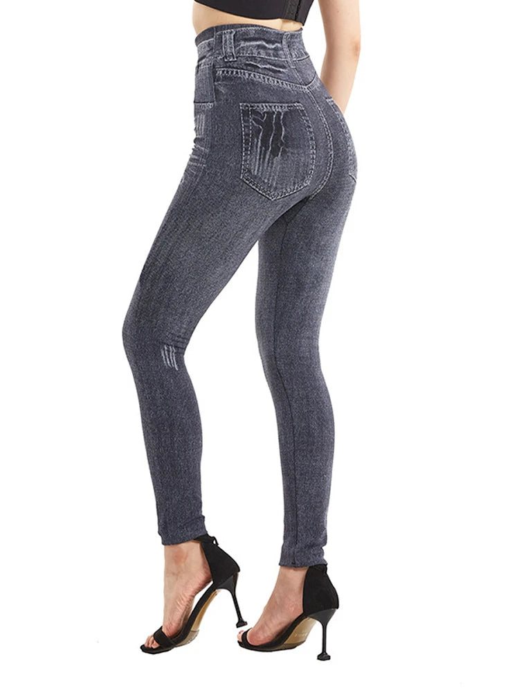 CUHAKCI Women Grey Fake Jeans Workout Yoga Leggings Seamless Soft Jeggings Women's Imitation High Elastic Denim Pencil Pants