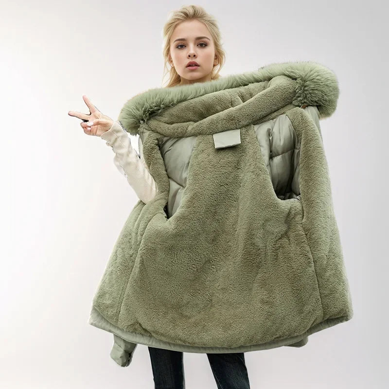 Frauen Parka Mode Lang mantel Wolle Liner Kapuze Parkas 2024 neue Winter jacke schlank mit Pelz kragen warmer Schnee tragen gepolsterte Kleidung