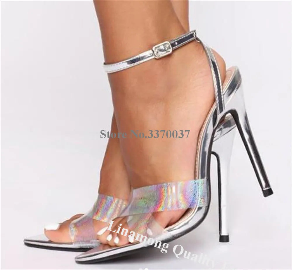 PVC Patchwork Leopard Sandalen Linamong Neueste Spitz Offene spitze Riemen Kreuz Stiletto Absatz Kleid Schuhe Große Größe Transparent Ferse