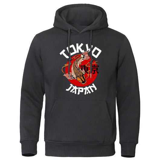 Tokyo Koi Fish Print Hoodie 
Men Creativity Large Size Clothing Fleece Harajuku Hoodies Comfortable Vintage Sweatshirts Mens