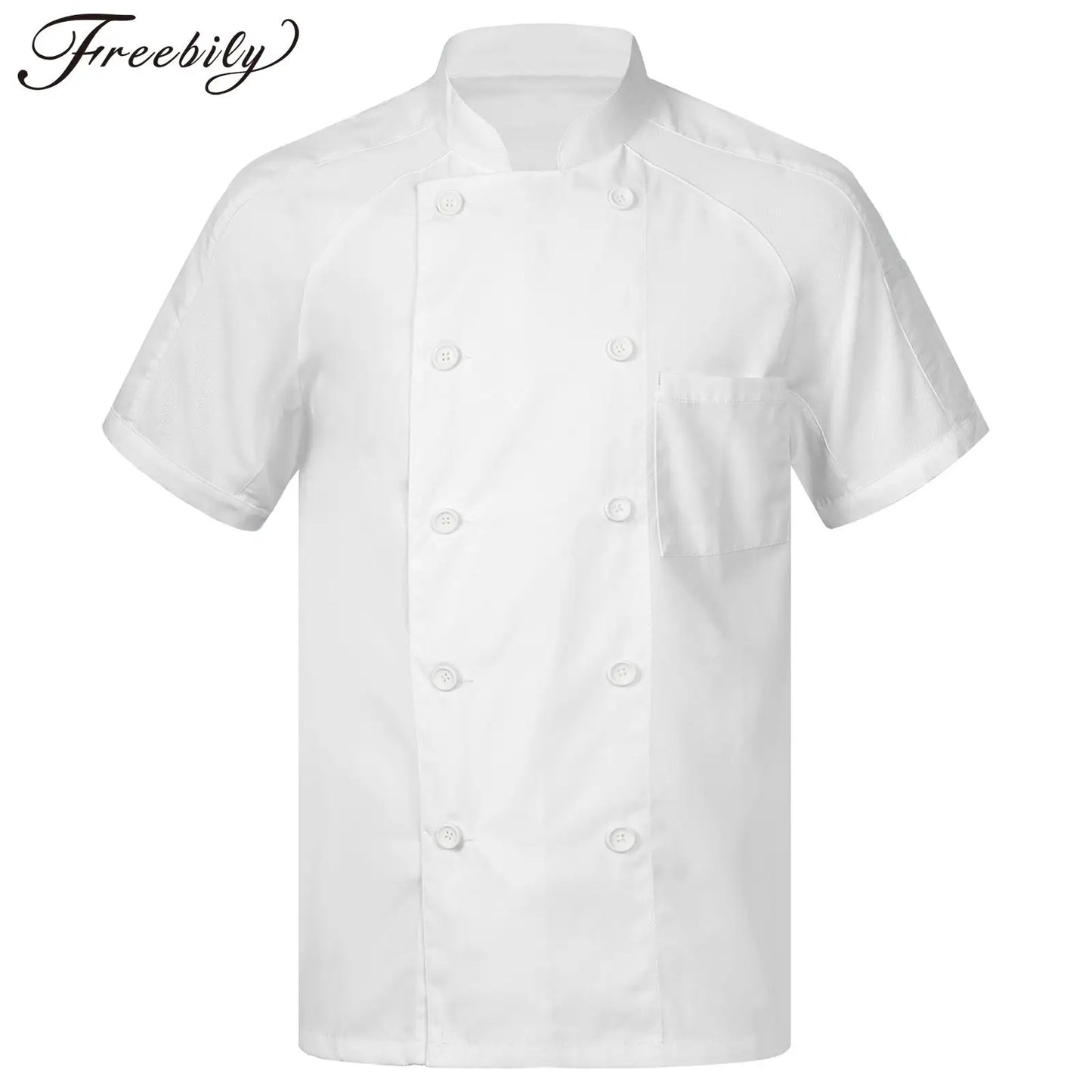 Mens Womens Short Sleeve Chef Coat Breathable Mesh Panel Patchwork Kitchen Work Uniform Tops for Canteen Restaurant Hotel