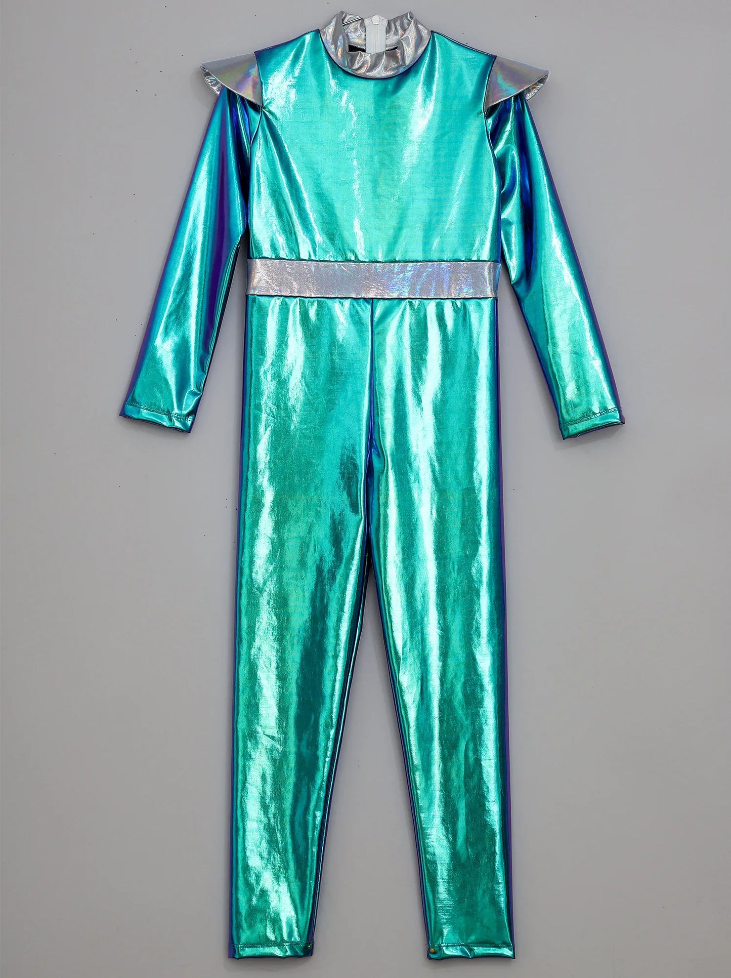 Kinder Mädchen Alien Kostüm Weltraum Kadett Holographische Metallic Ganzkörper Bodysuit Overall Halloween Party Cosplay Dress Up