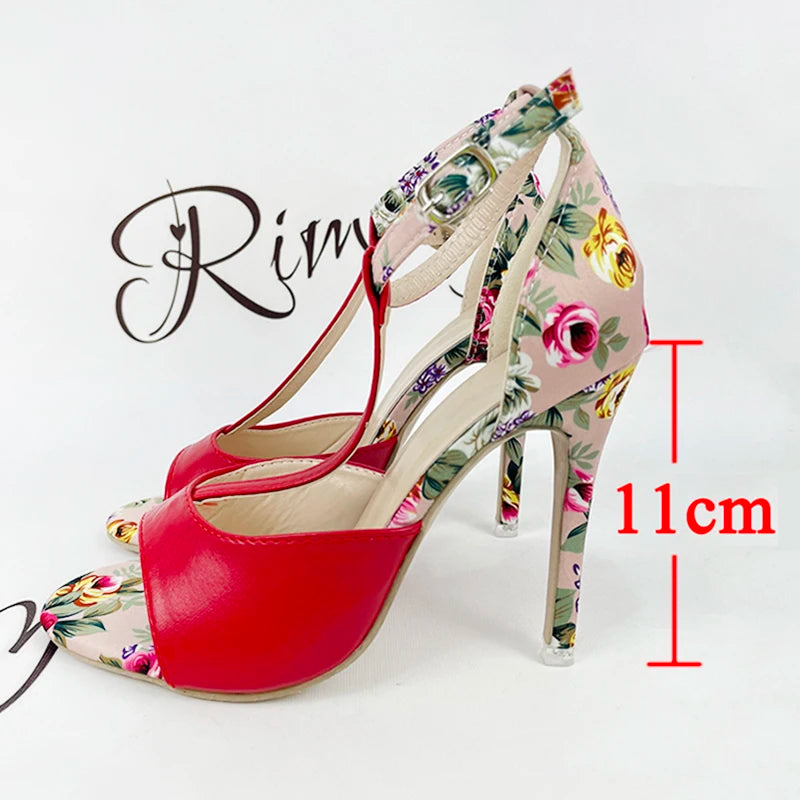 Rimocy Sexy Women T-strap Floral Print Sandals 2022 Summer Fashion Super High Heels Open Toe Gladiator Shoes Woman Party Pumps