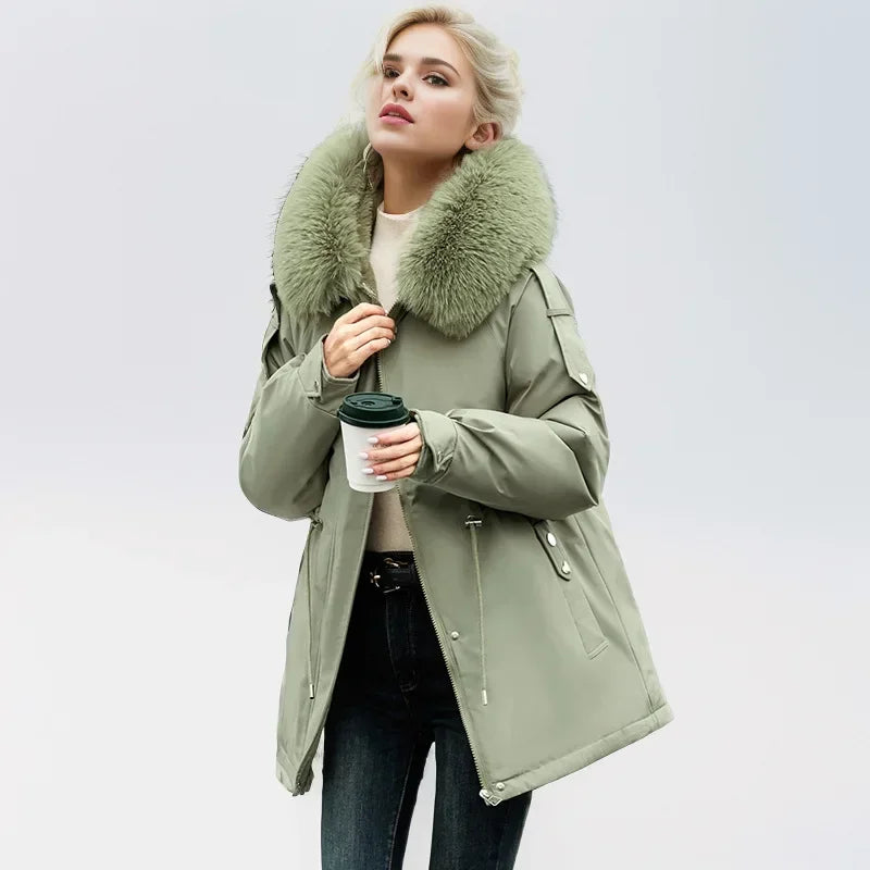 Frauen Parka Mode Lang mantel Wolle Liner Kapuze Parkas 2024 neue Winter jacke schlank mit Pelz kragen warmer Schnee tragen gepolsterte Kleidung