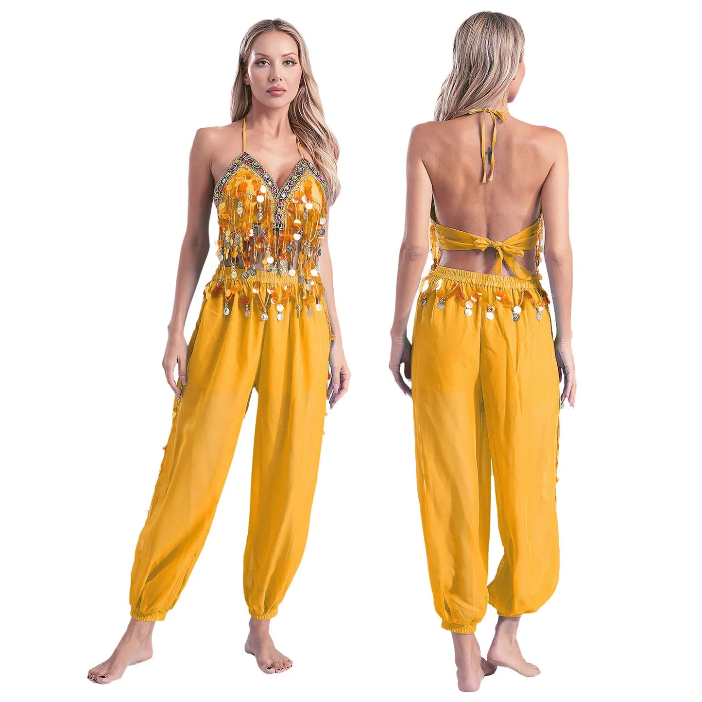 Damen Bauchtanz Outfit Pailletten Tops mit Harems hosen Halloween Kostüm Bollywood indischen Tanz Bühne Performance Kostüm