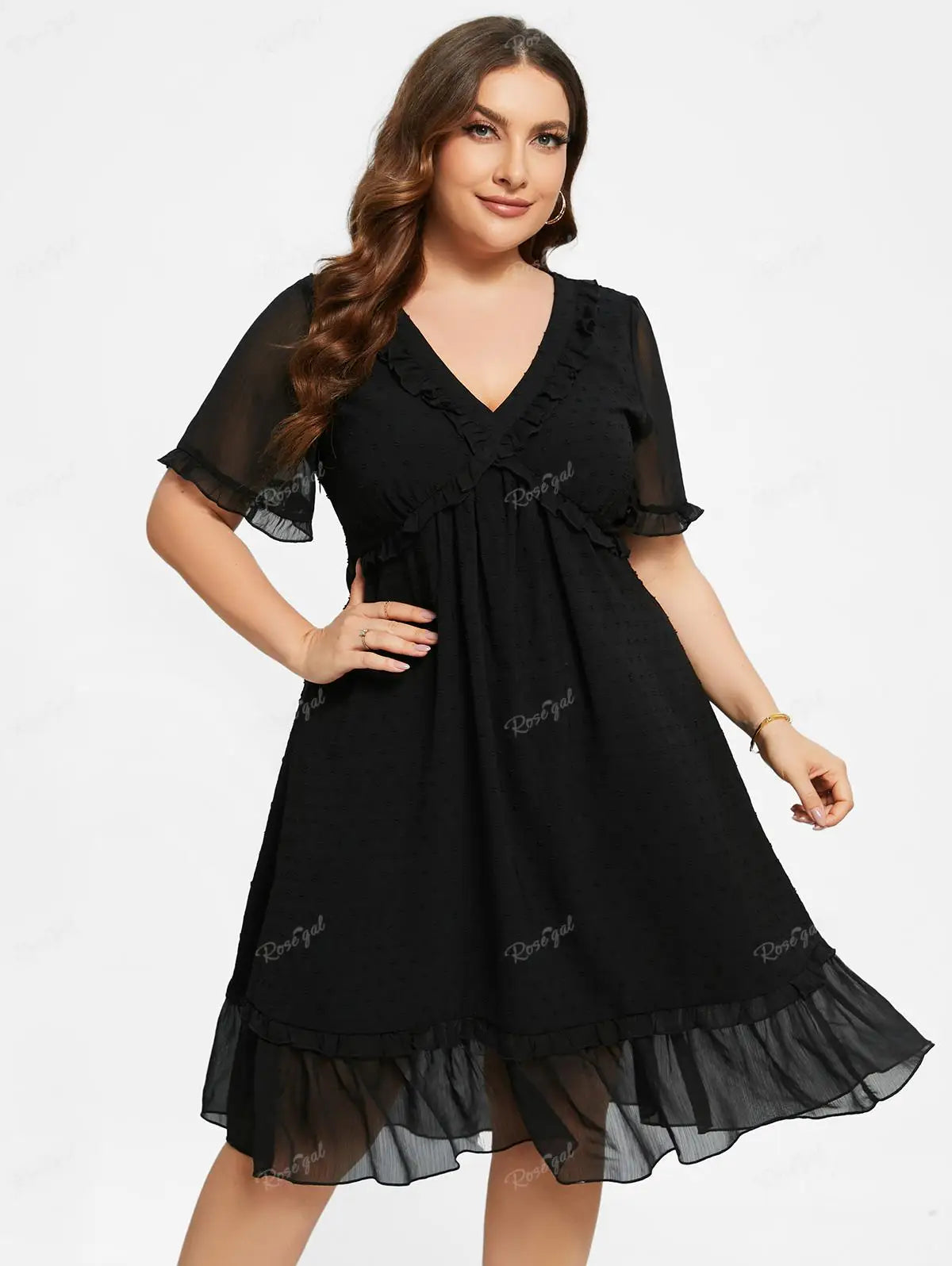 Ros gal Plus Size Freizeit kleider schwarz elegant V-Ausschnitt Spitzen besatz transparente Rüschen Kleid für Frauen Frühling, Sommer Streetwear Vestidos