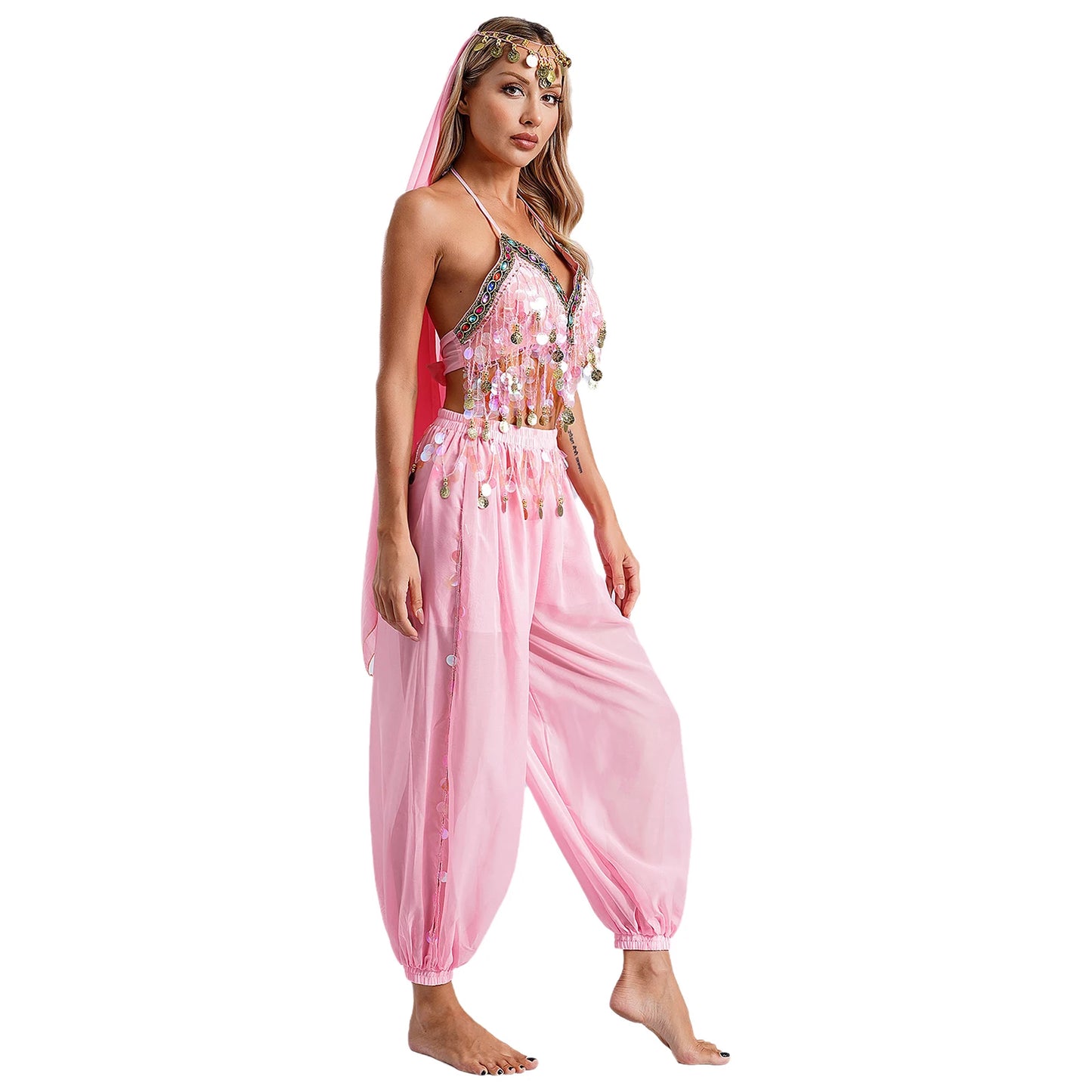 Damen Bauchtanz Prinzessin Kostüm Pailletten Top Harems hose mit Kopfs ch leier für indische Bollywood Halloween Party Bühnen performance