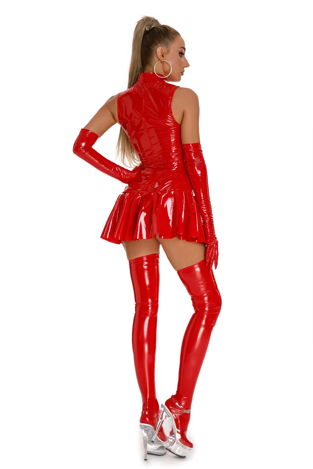 Womens Black Red Wetlook Leather Dress Pole Dance Raves Party Outfit Zipper Stand Collar  Glossy Latex Slim Mini Pleated Dress