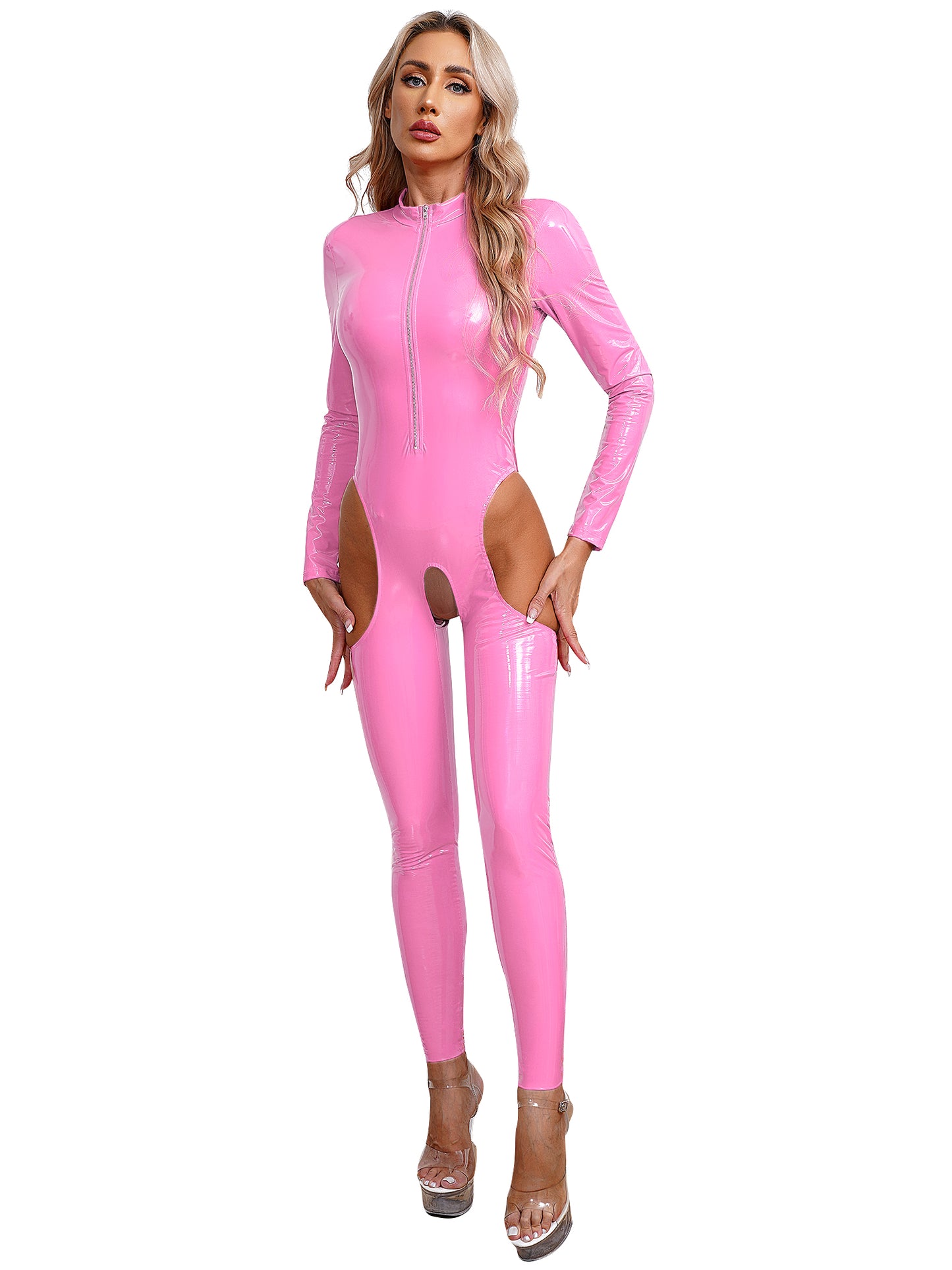 Damen Wet Look Lack leder Ausschnitt Schritt loser Overall Langarm Aushöhlen Skinny Bodysuit Catsuit Latex Clubwear