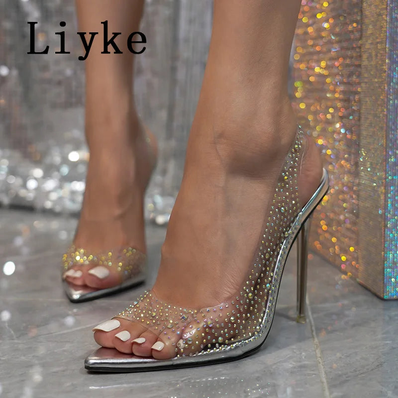 Liyke Sexy Pointed Open Toe Slingback Shoes Women Pumps Crystal Rhinestone PVC Transparent Sandals Party Club Stripper Heels