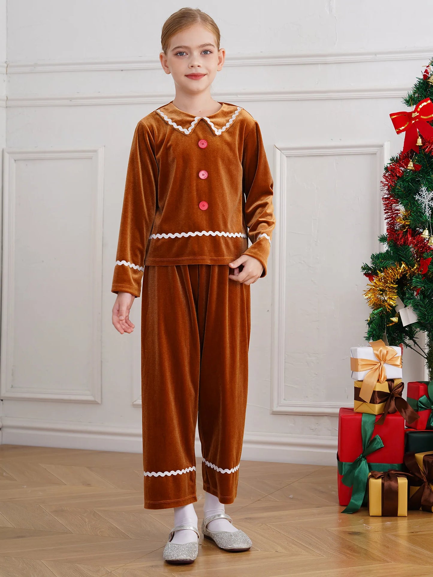 Girls Christmas Gingerbread Man Costume Velvet Long SleeveTop with Pants for Xmas Holiday Cookie Cosplay Dress Up Party