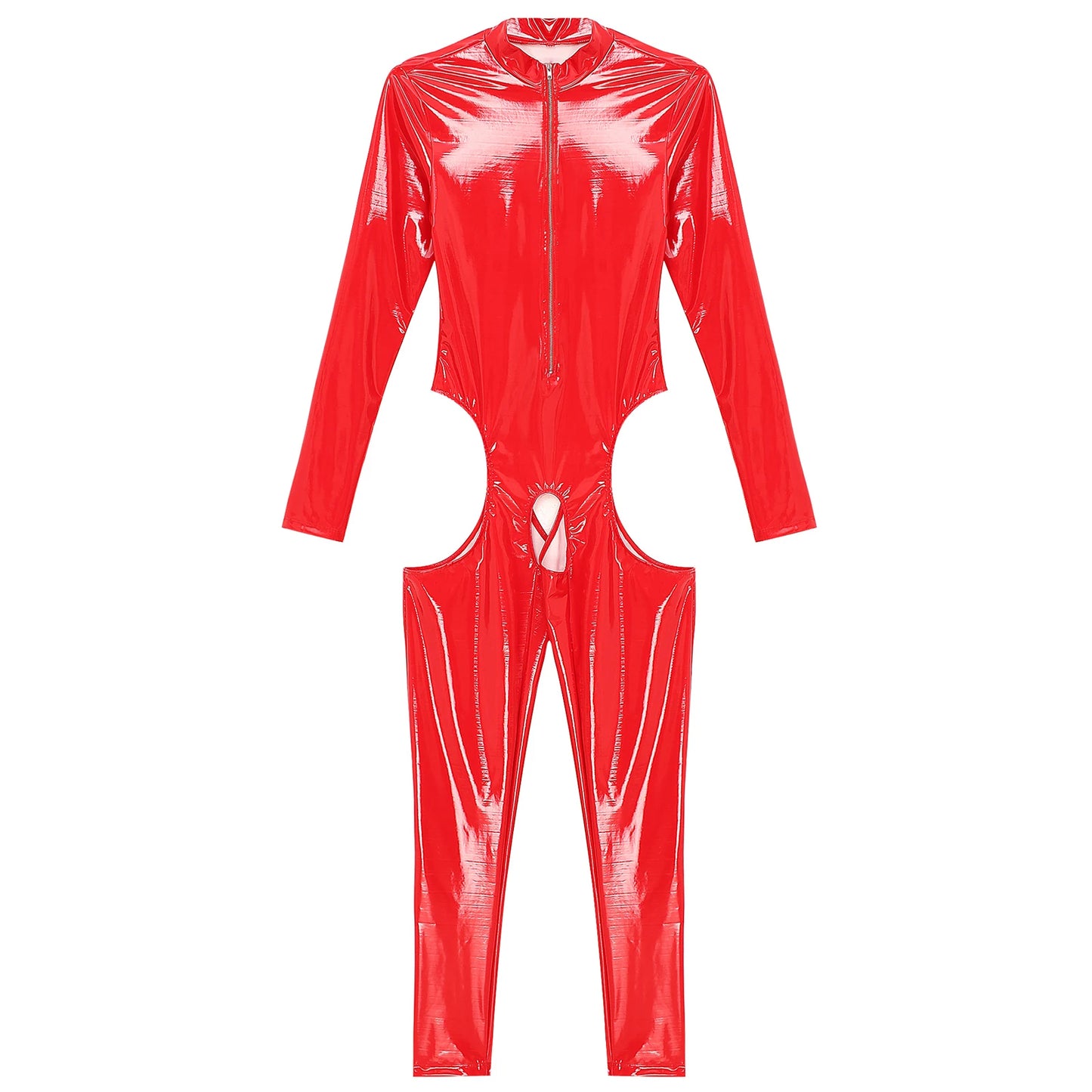 Damen Wet Look Lack leder Ausschnitt Schritt loser Overall Langarm Aushöhlen Skinny Bodysuit Catsuit Latex Clubwear