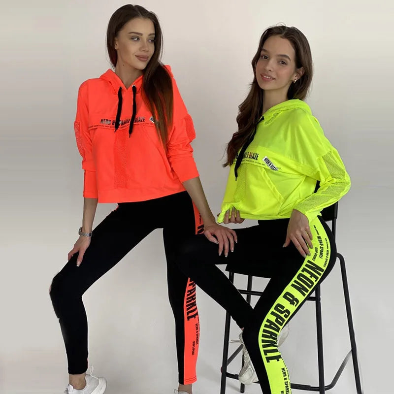 Oshoplive weibliche Mode Kontrast farbe irisierende Patchwork Mesh Hoodies & Leggings passt Sport lauf Sportswear neu