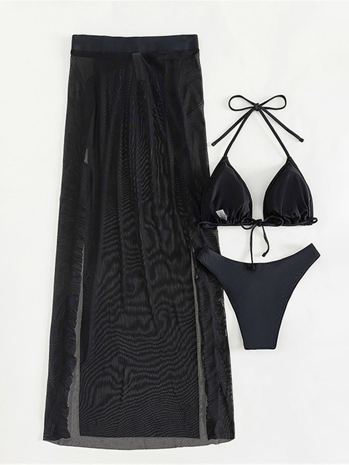 3 Pieces Halter Triangle Bikinis 2023 Women With Beach Skirt Black Swimsuit Ruffle Swimwear Female Bathing Swimming Swim Suit