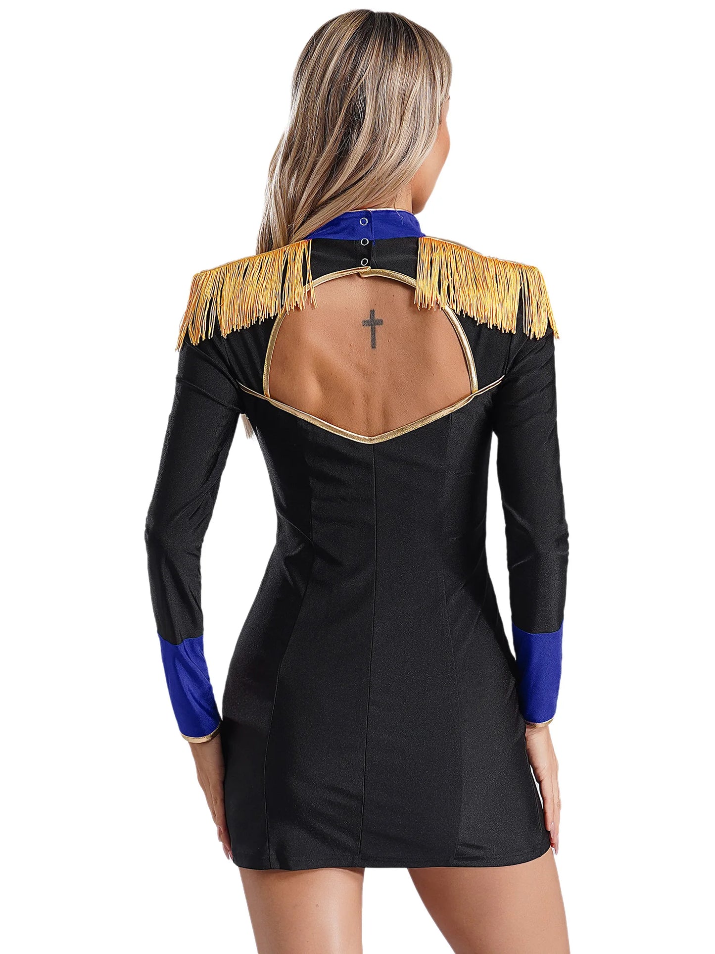 Damen roten Ring master Langarm Quaste Ausschnitt Mini kleid Bodycon Zirkus Showman Löwe Tamer Rin leader Halloween Kostüme