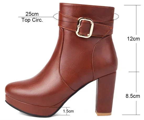 Rote Schnalle Gürtel Plateau Stiefeletten Damen Hohe Dicke Absätze Beige Schwarz Kleid Büro Damen Winter Runde bis Reißverschluss Kurze Stiefel