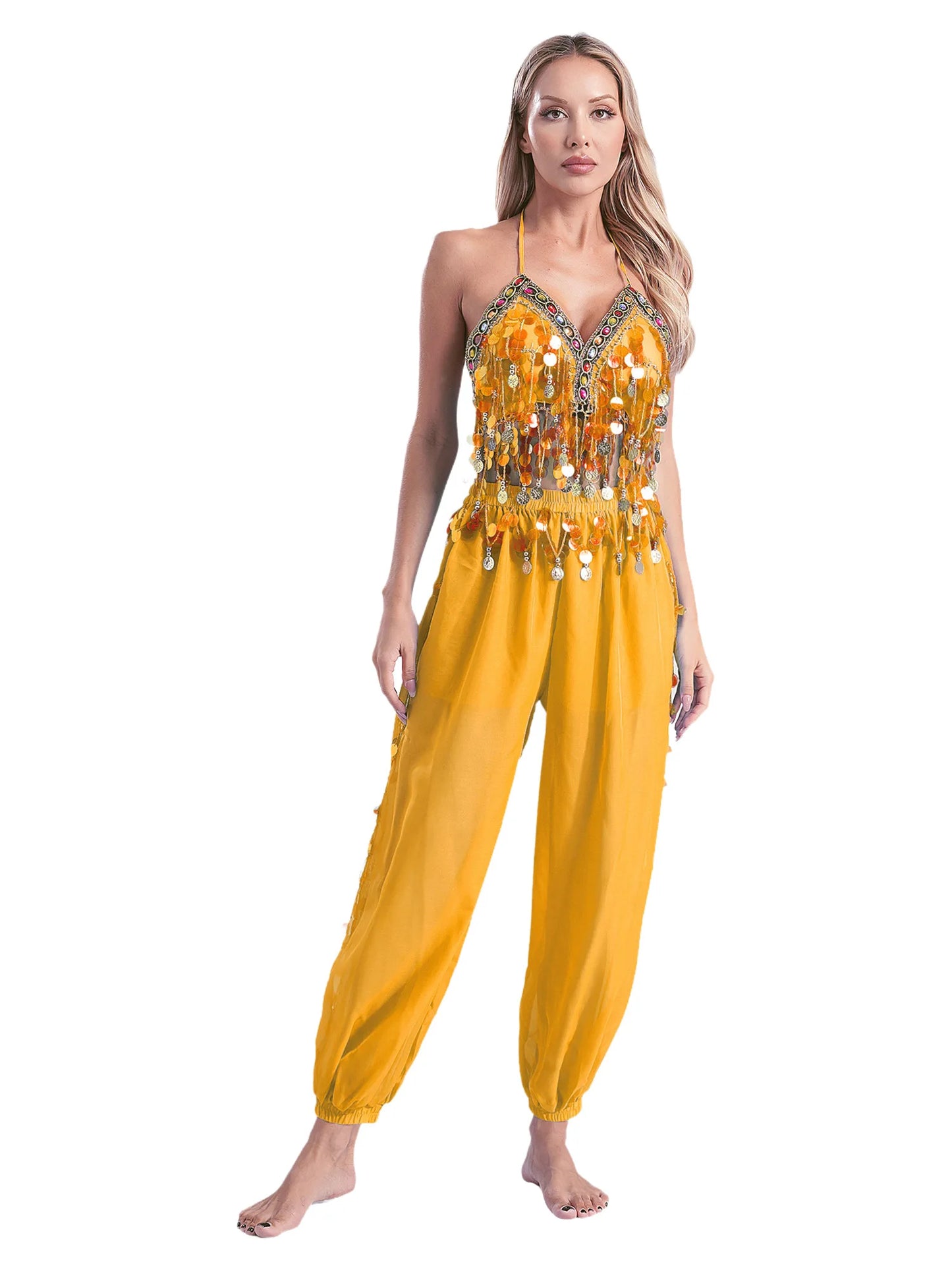 Damen Bauchtanz Outfit Pailletten Tops mit Harems hosen Halloween Kostüm Bollywood indischen Tanz Bühne Performance Kostüm