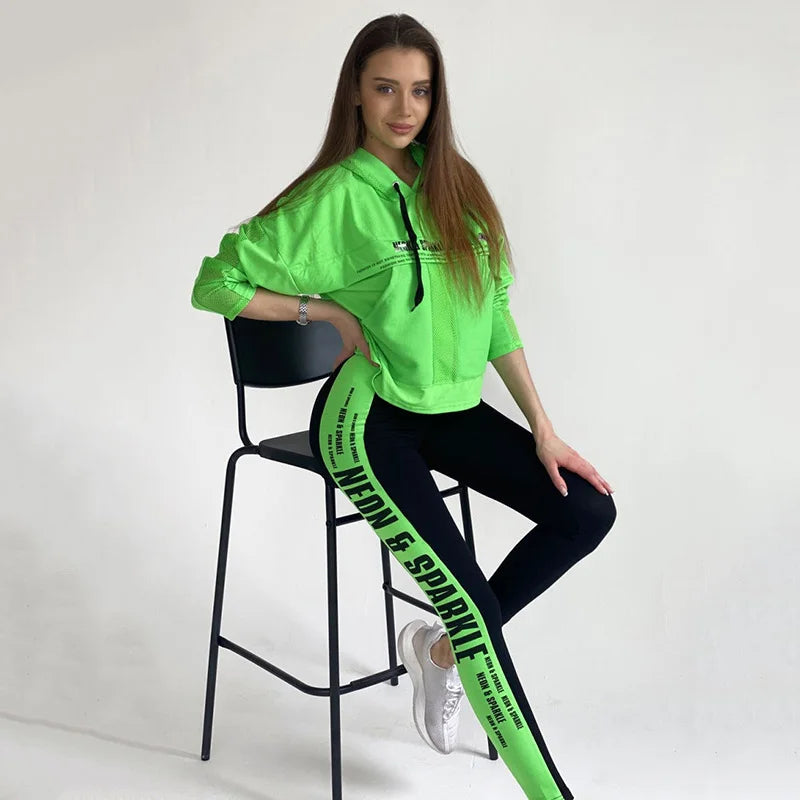 Oshoplive weibliche Mode Kontrast farbe irisierende Patchwork Mesh Hoodies & Leggings passt Sport lauf Sportswear neu