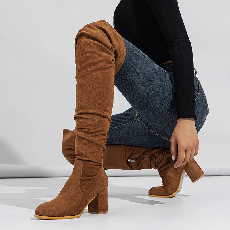 Liyke 2024 Herbst Winter schwarz braun über dem Knie Stiefel Frauen sexy spitzen Zehen Reiß verschluss Oberschenkel hohe Schuhe quadratische Absätze Stiefeletten femme