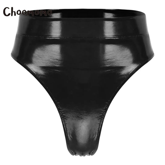 Damen glänzende metallische High Cut Slips Wet Look Leder Schnalle Gürtel Höschen Rave Bottoms für Festival Clubwear Tanz