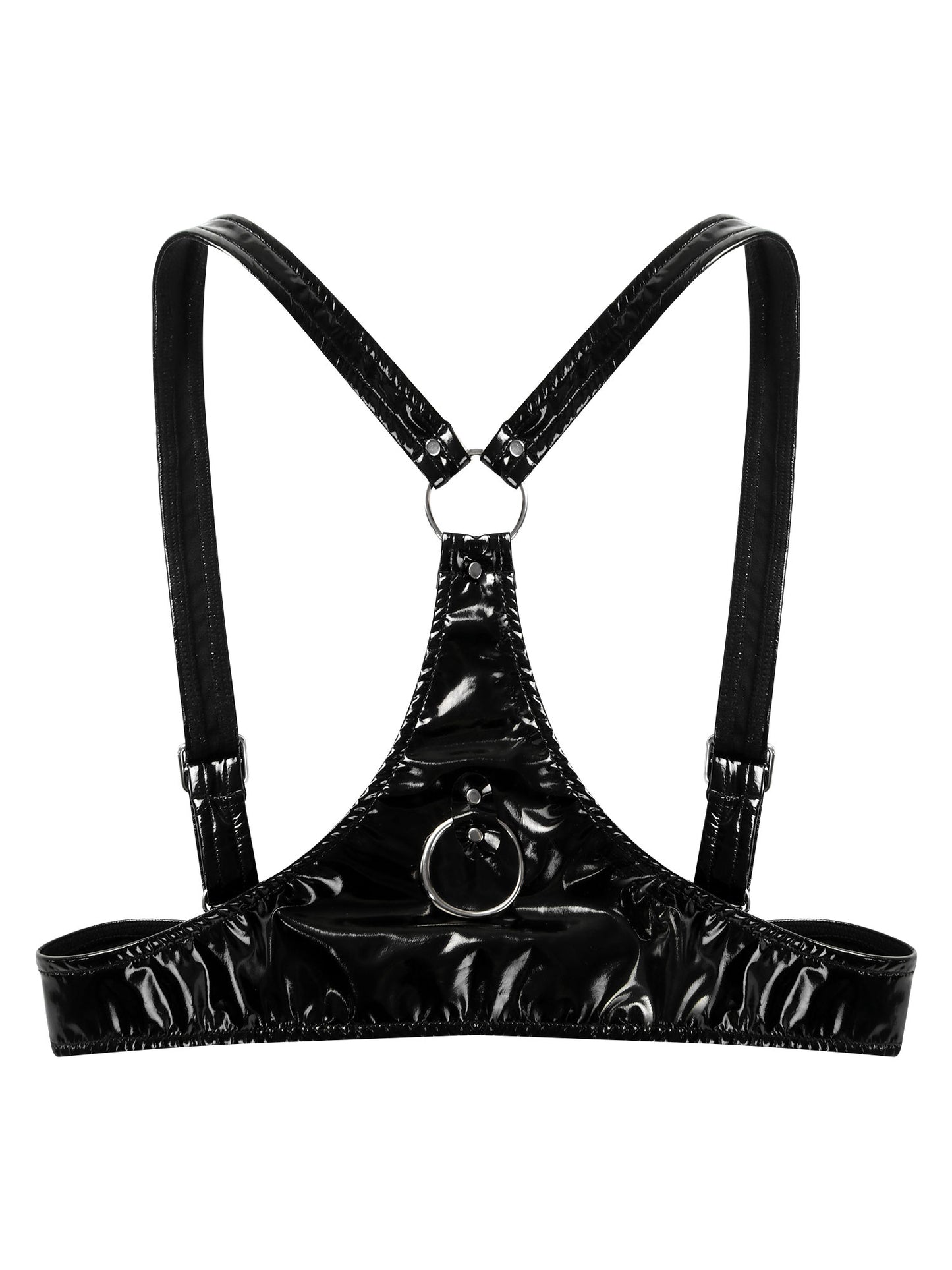 Frauen Wet Look PVC Leder Draht-Freies Bh Tops Dreieck Bralette Latex Schnallen O Ring Körper Chest Harness bustier Clubwear