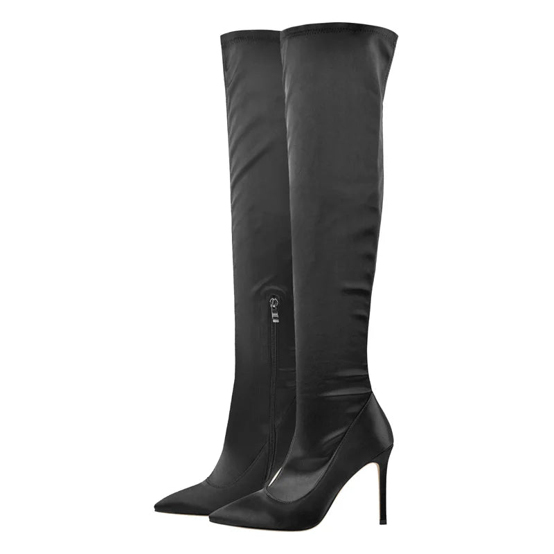 Onlymaker Frauen Spitz Seite Zipper Patent Leder Dünne High Heels Concise Sexy Partei Über Die Knie Frühling Herbst Stiefel