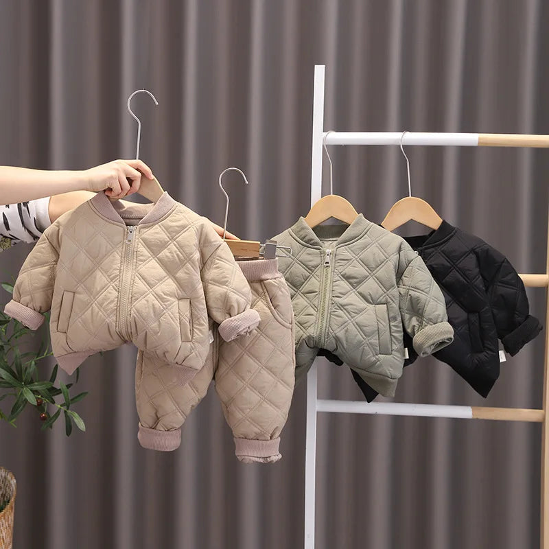 Herbst Winter Baby Jungen Kleidung setzt Kinder Baumwolle gepolsterte Reiß verschluss Mantel Hose 2 Stück Outfits 1 2 3 4 Jahre Kinder Trainings anzug Anzüge