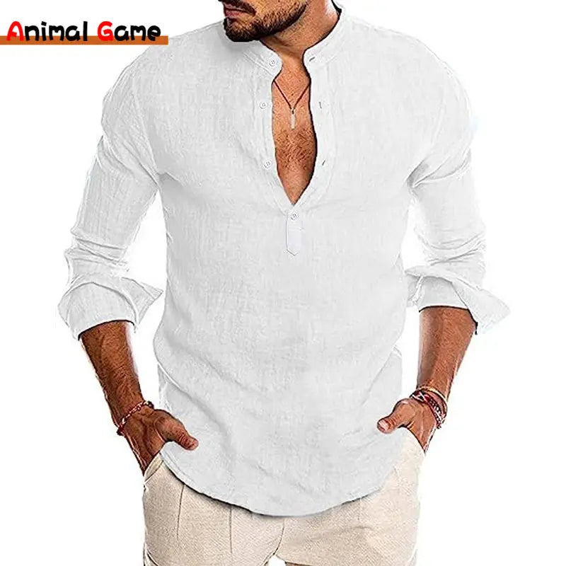 Mens Button Down Shirt Linen Cotton Shirts Casual Long Sleeve Spread Collar Lightweight Beach Solid Color Tops