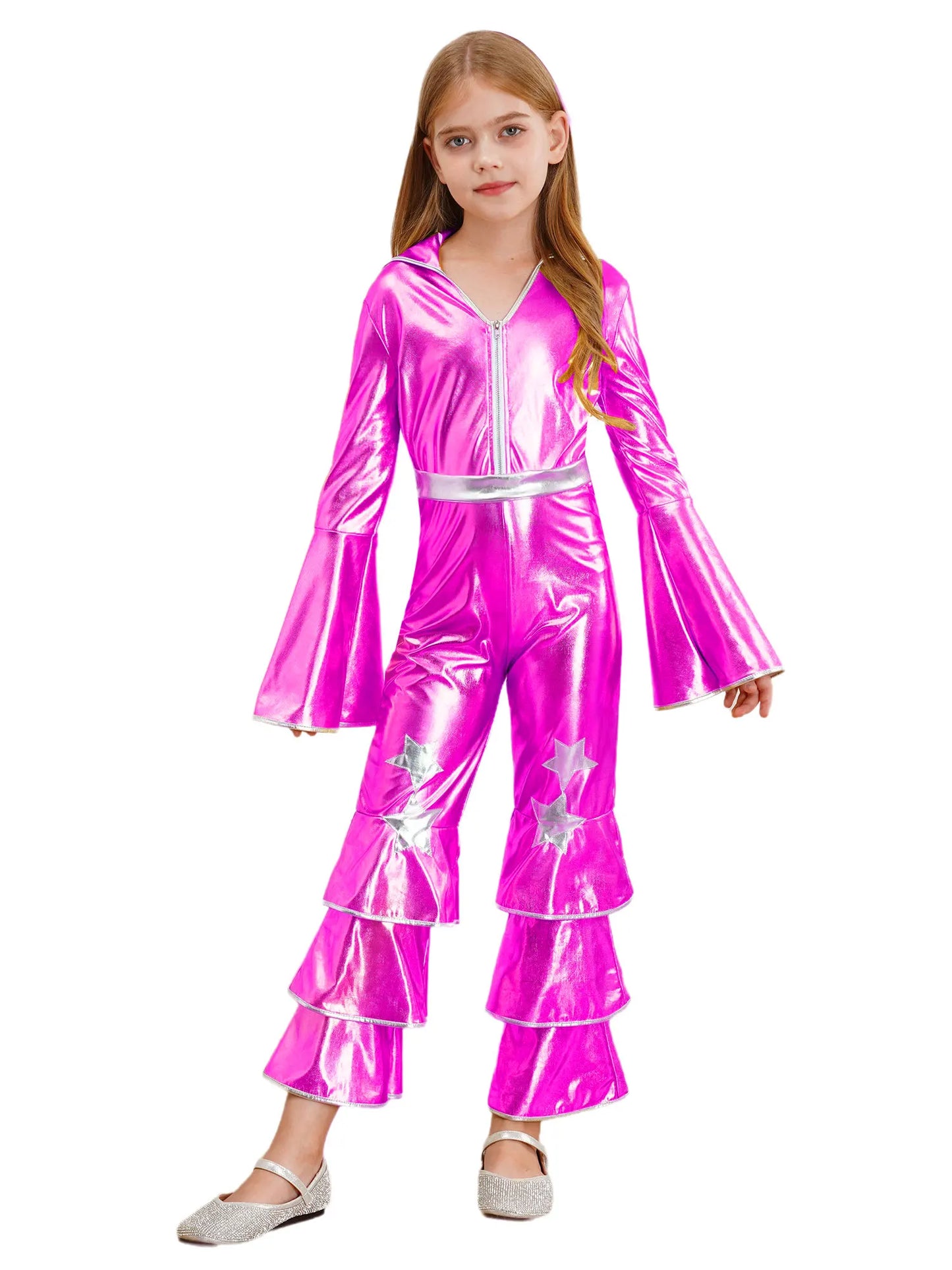 Kids Girls 70s 80s Disco Costume Metallic Flare Sleeve Ruffle Bell Bottom Jumpsuit Halloween Cosplay Funky Dancing Bodysuit