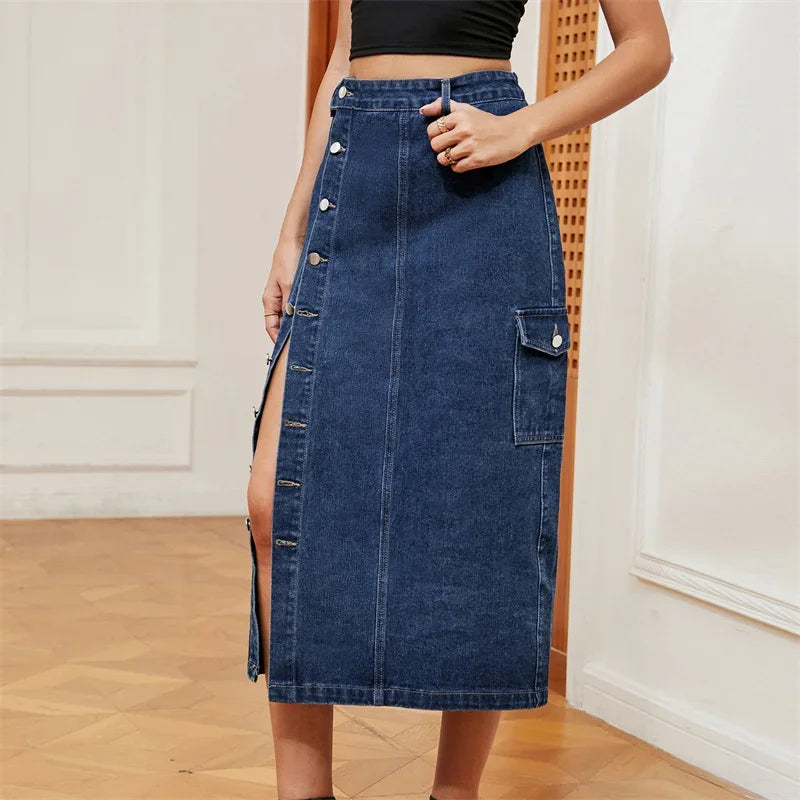 Seiten tasche Einreiher Spleißen Jeans rock Frauen hohe Taille Halbkörper Kleid weibliche Büro Pendler lässige Streetwear 2024