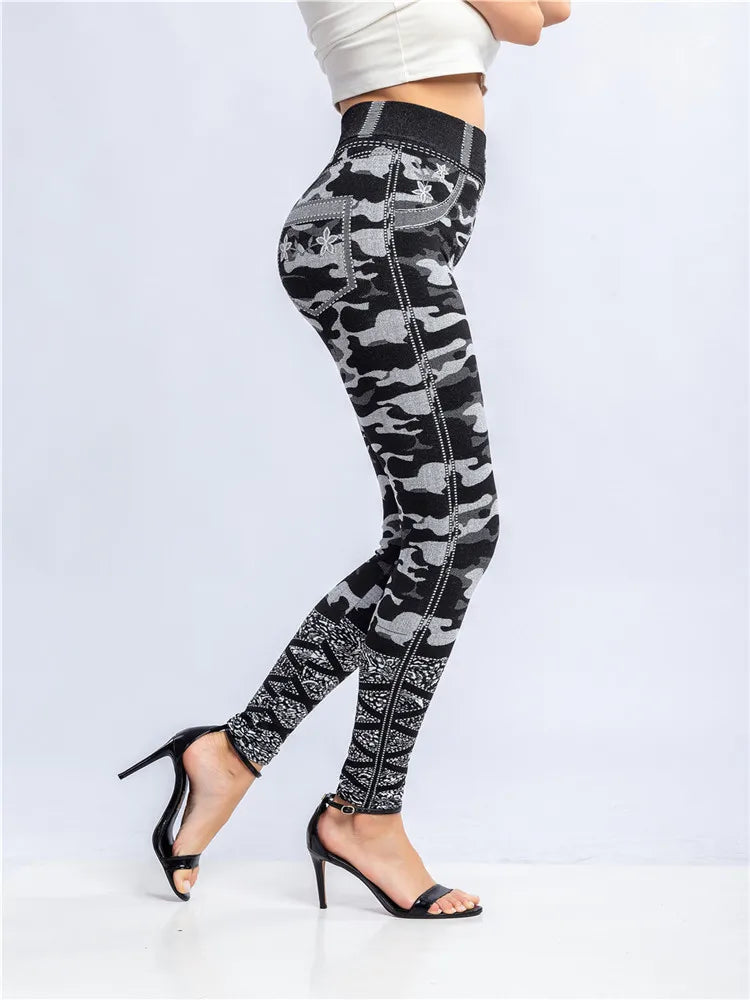 CUHAKCI Camouflage Printed Leggings Women Seamless Denim Sports High Waist Tights Workout Fitness Elastic Pants Stretch Jeggings